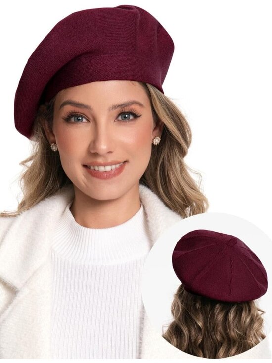 Women\'s French Style Double Layer Warm and Soft Knitted Beanie Hat Wine Red main image 4